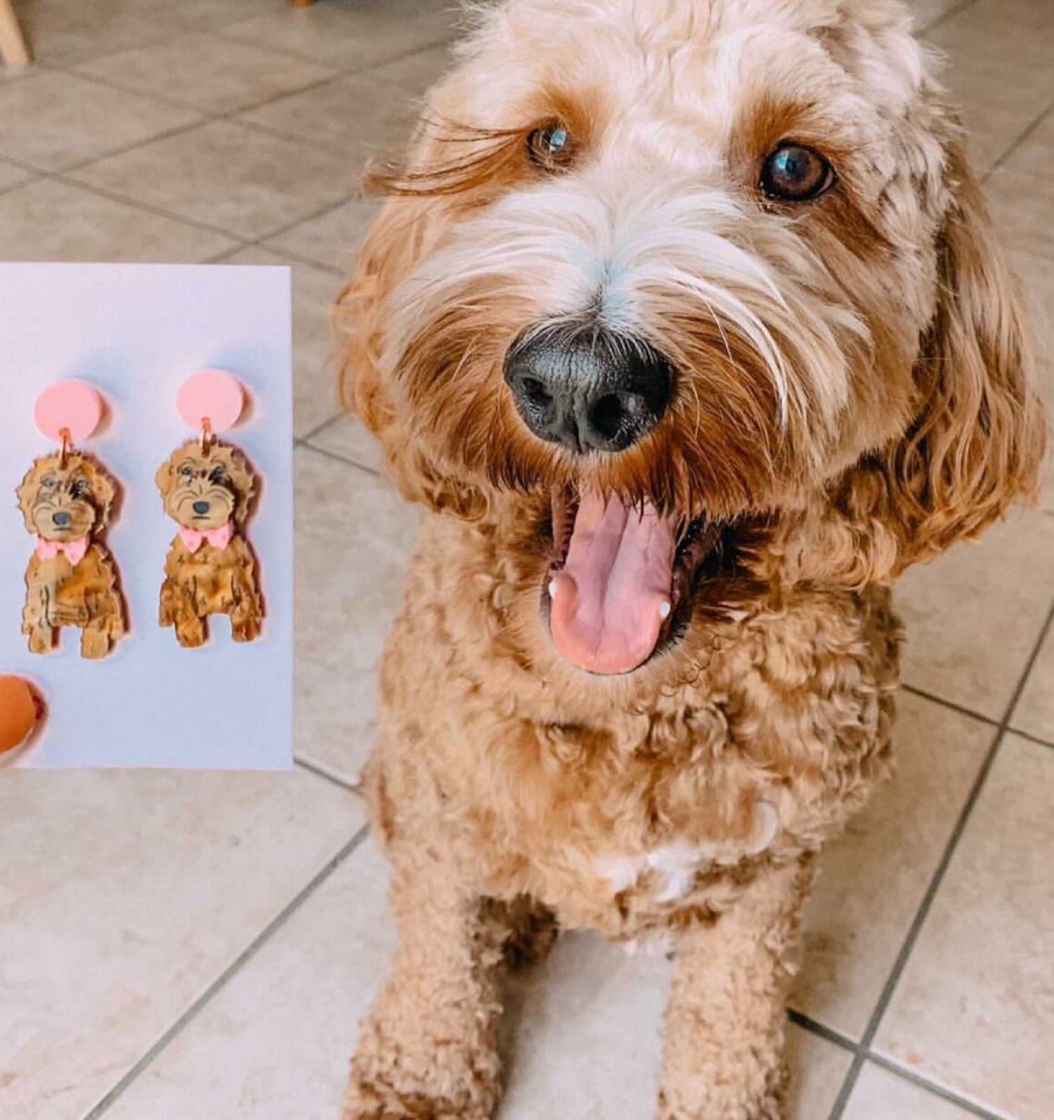 Acrylic dog earrings next to actual dog